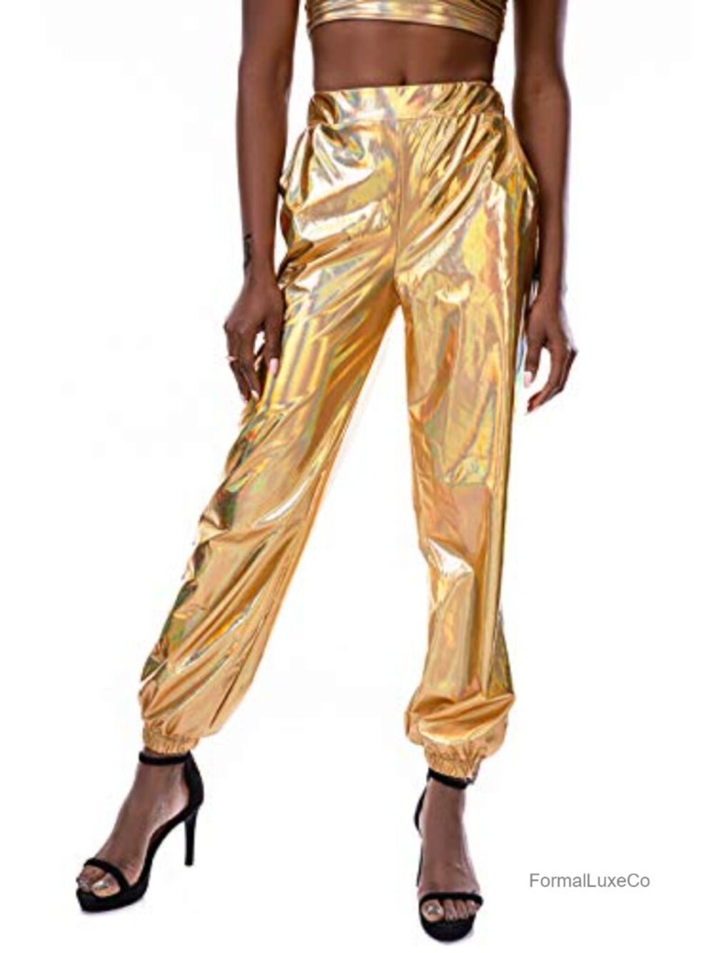 Shiny Metallic High Waist Stretchy Jogger Pants Wet Look Club Wear Trousers